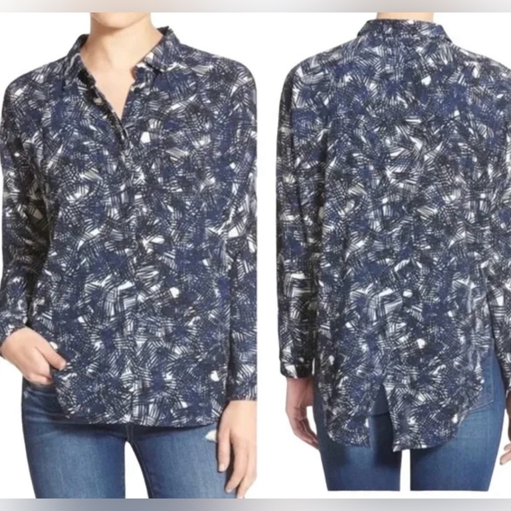 Astr Abstract Navy and White Button Down Shirt